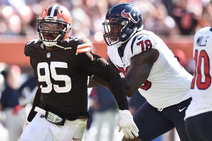 Texans offensive tackle Laremy Tunsil (78) blocks Cleveland Browns defensive end Myles Garrett (95) during the second half at FirstEnergy Stadium.
